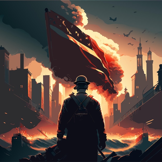 Defiant Patriot Stands Tall Amidst Fiery City Skyline | Jiffy Designs