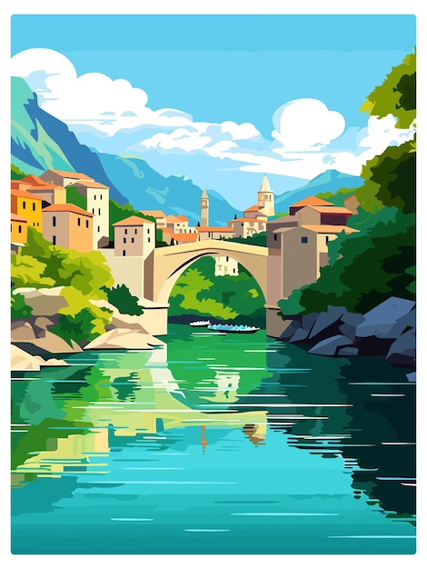 Picturesque Riverside Town with Historic Bridge and Mountainous ...