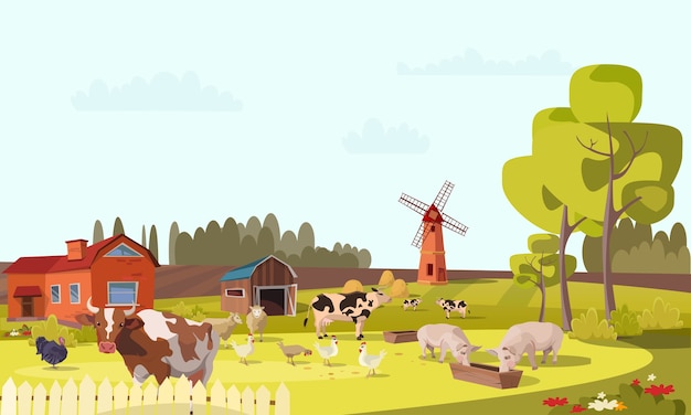 Picturesque Countryside Scene with Charming Farmhouse and Windmill ...