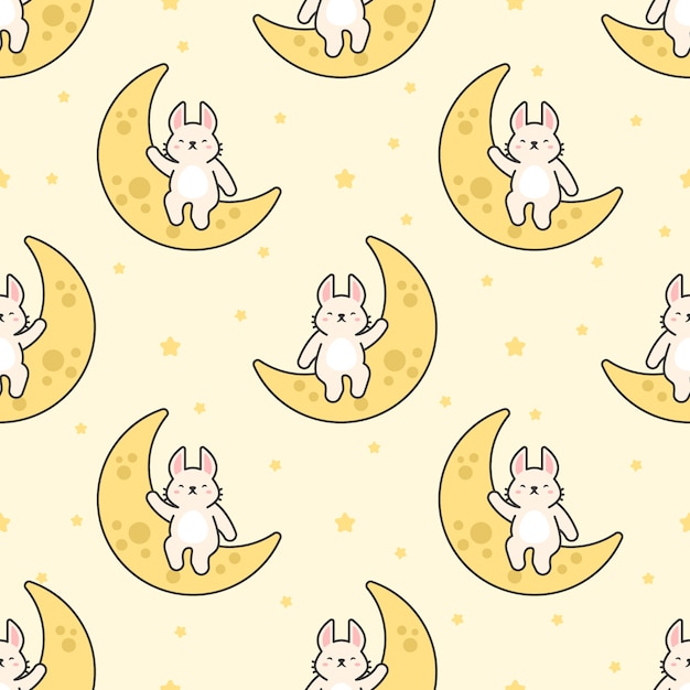 Adorable Bunny Moon Pattern with Stars on Pale Background | Jiffy Designs