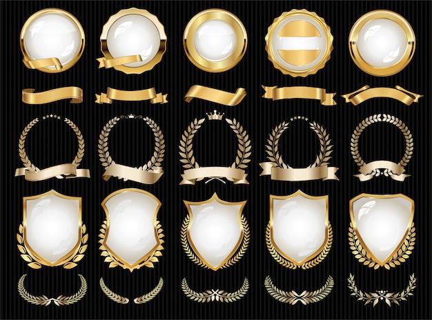 Elegant Golden Emblems and Laurel Wreaths on Black Background | Jiffy ...