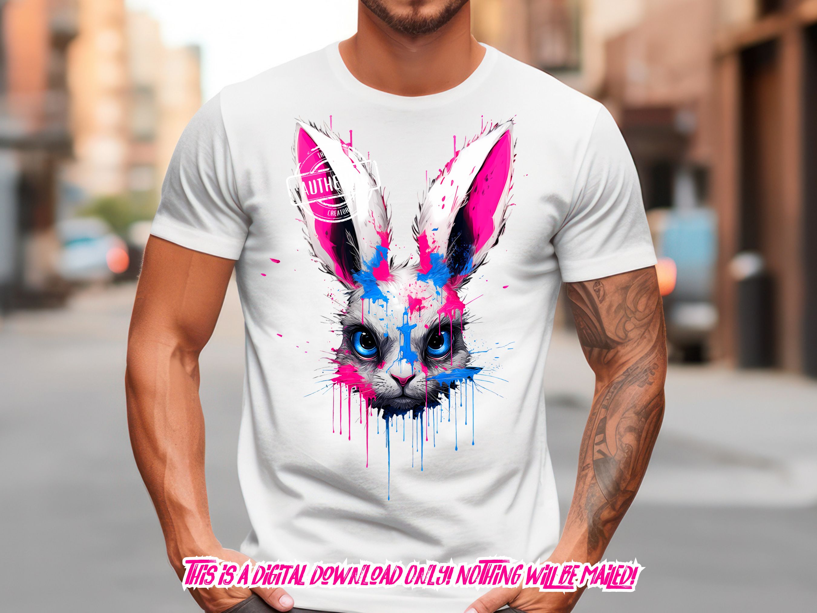 Vibrant Rabbit Portrait with Splattered Paint and Piercing Blue Eyes ...