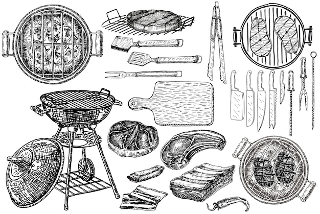 Assortment of Barbecue and Grilling Essentials in Detailed Sketch ...