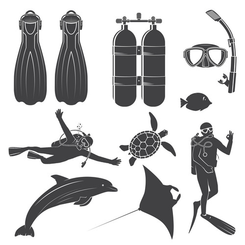 Scuba Diving Gear And Divers. Vector Illustration. Set Include Dive ...