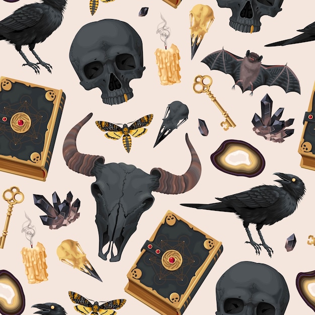 Spooky Mystical Pattern with Skulls, Ravens, and Occult Symbols | Jiffy ...