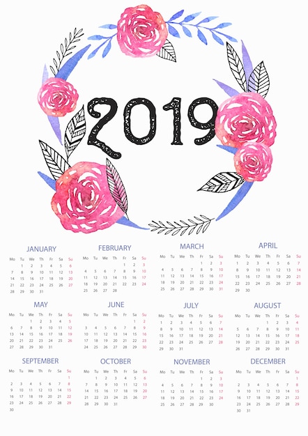 Floral Wreath 2019 Calendar with Vibrant Roses and Leaves | Jiffy Designs