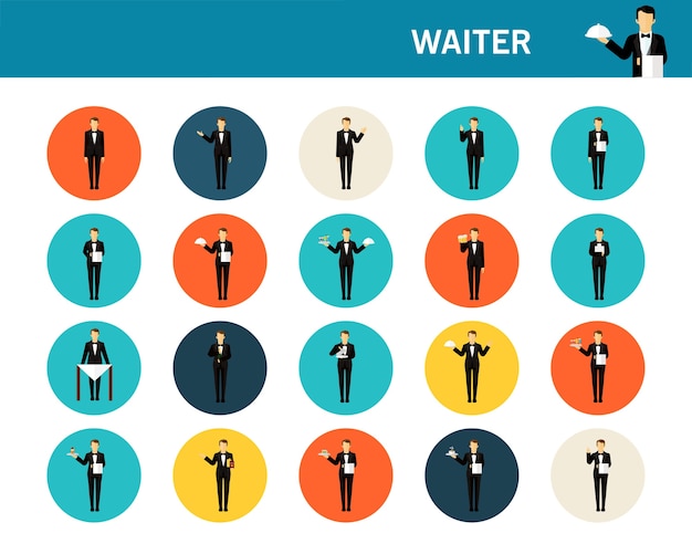 Diverse Waiter Icons Collection with Geometric Circular Backgrounds ...