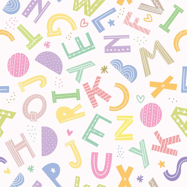Playful Alphabet Pattern with Colorful Shapes and Symbols | Jiffy Designs