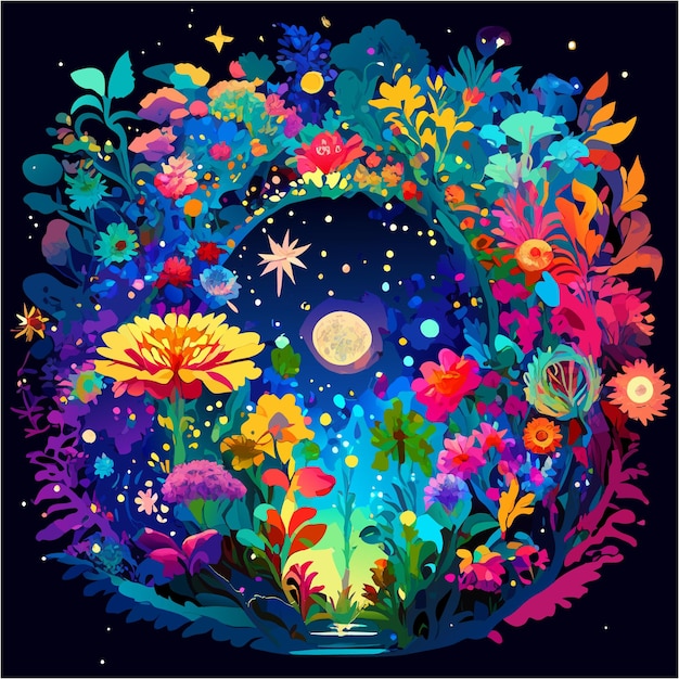 Vibrant Floral Wonderland Under the Starry Night Sky | Jiffy Designs