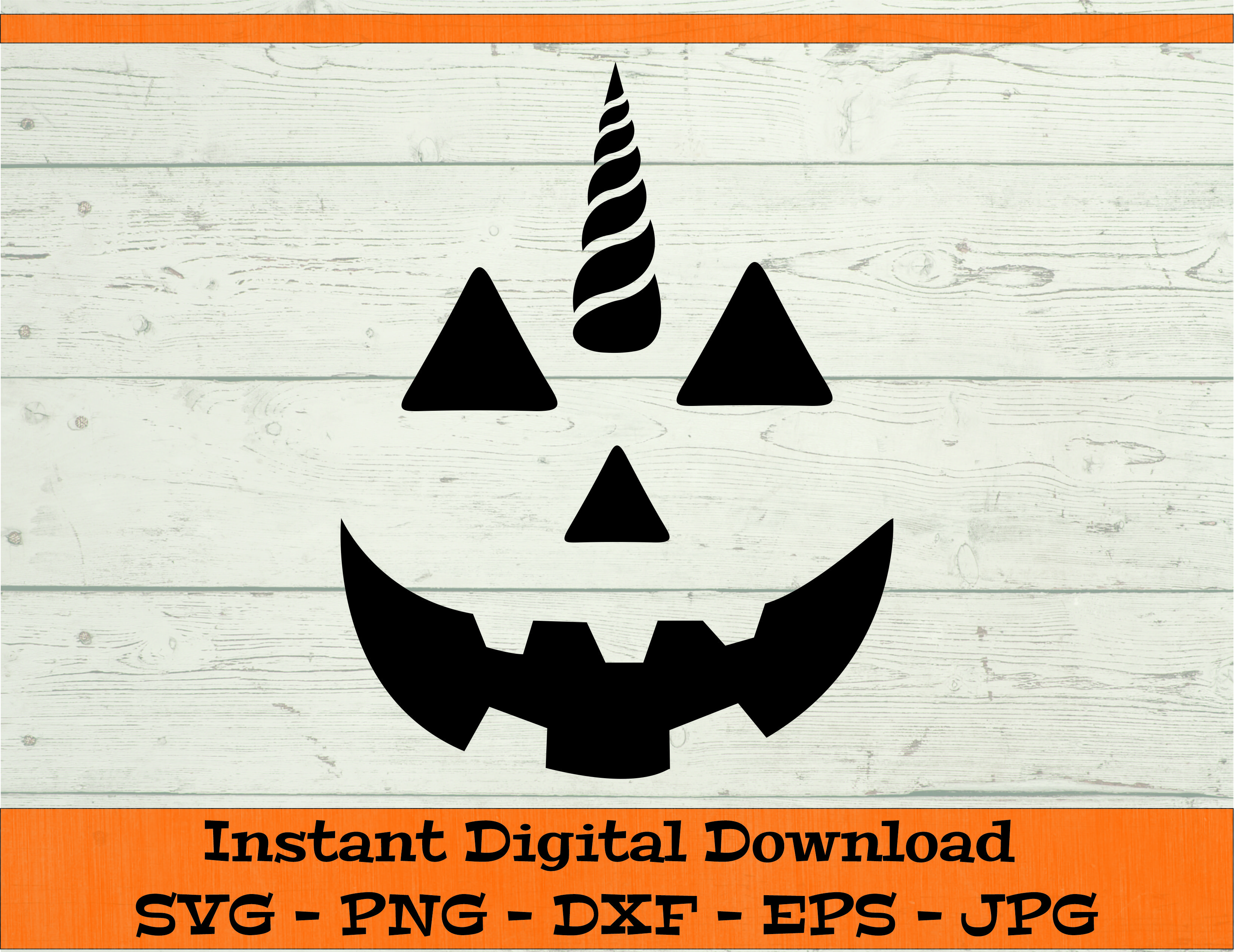 Unicorn Jack-o'-Lantern Face with Spiraling Horn and Triangular Eyes | Jiffy Designs