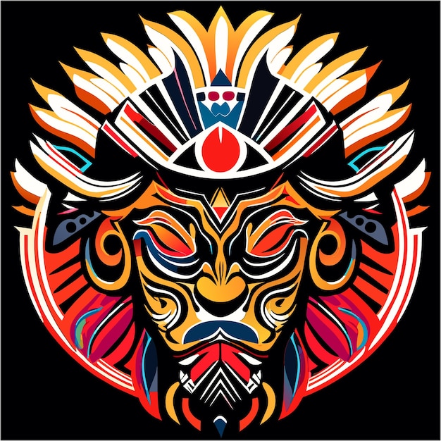 Vibrant Tribal Mask with Fiery Feathered Headdress | Jiffy Designs