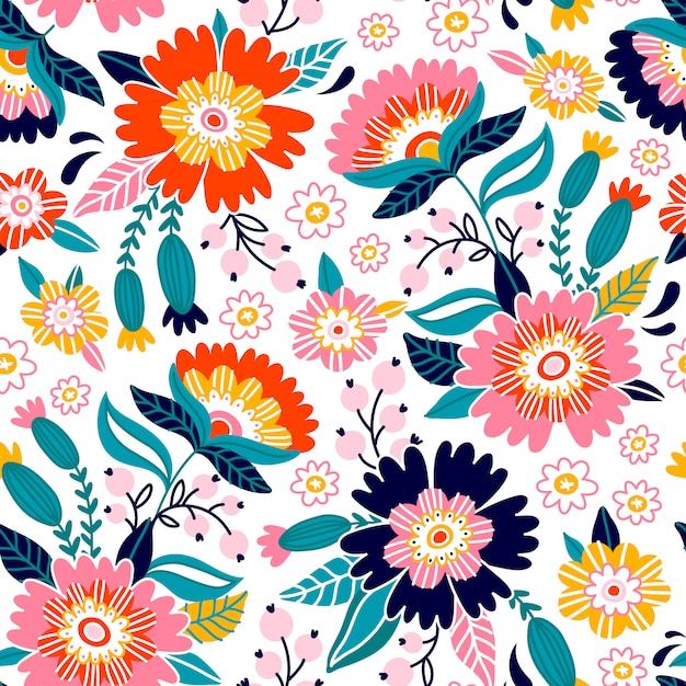Vibrant Floral Pattern with Colorful Blooms and Leaves | Jiffy Designs