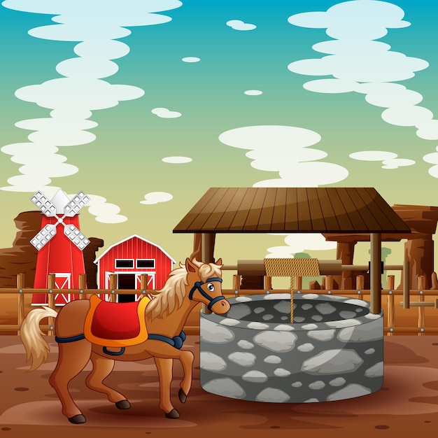 Cartoon Farm Scene with Horse and Rustic Buildings | Jiffy Designs