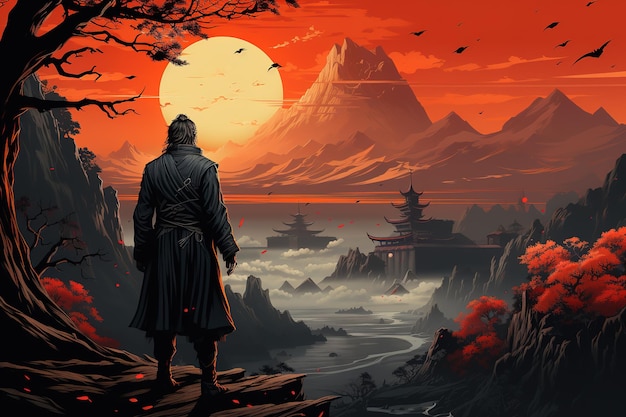 Solitary Figure Gazes at Majestic Crimson Landscape | Jiffy Designs