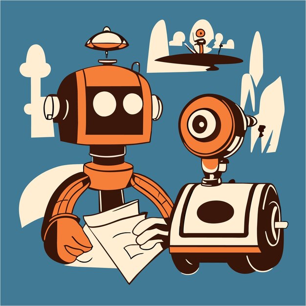 Charming Retro Robots Engaged in Friendly Interaction | Jiffy Designs