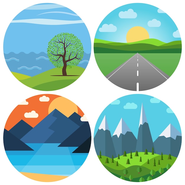 Nature Landscapes Icons Vibrant Scenery Illustrations Collection ...