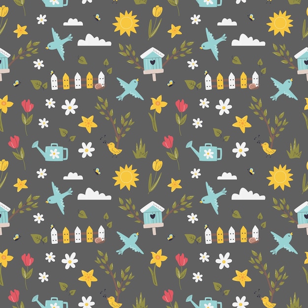 Whimsical Nature-Inspired Pattern with Birdhouses and Flowers | Jiffy ...