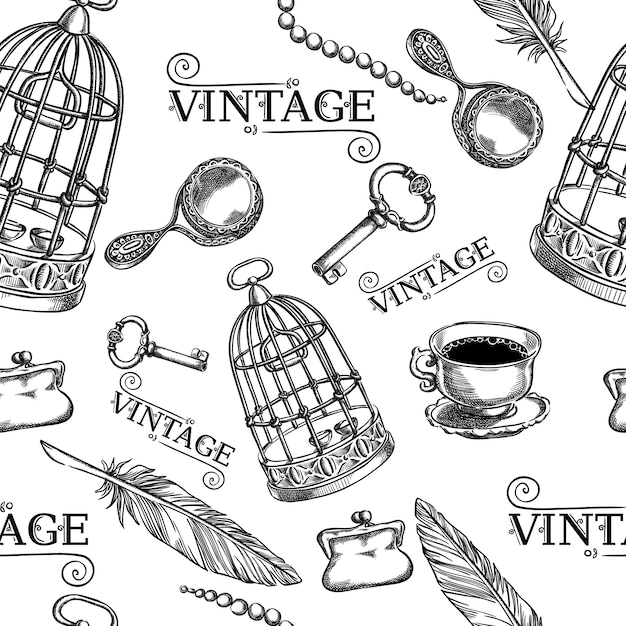 Picture of Vintage Monochrome Elements Collection: Keys, Birdcages, Feathers, and ...