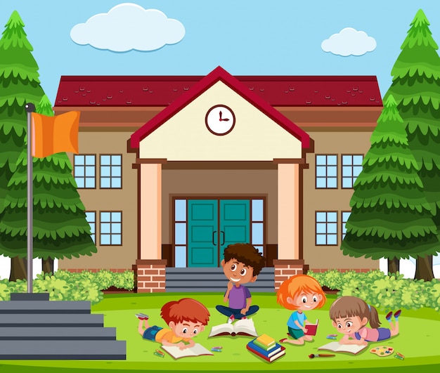 School Building with Students Reading Books Outdoors Illustration ...