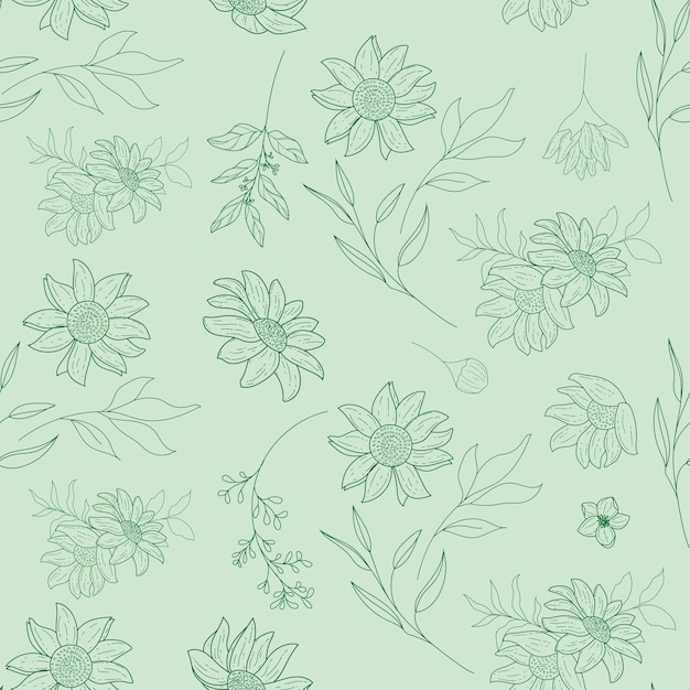 Delicate Mint Green Floral Pattern with Sketched Blooms | Jiffy Designs