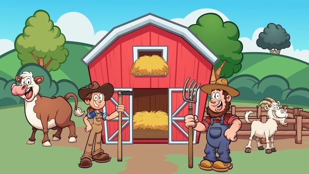 Vibrant Farm Scene with Cheerful Characters and Red Barn | Jiffy Designs