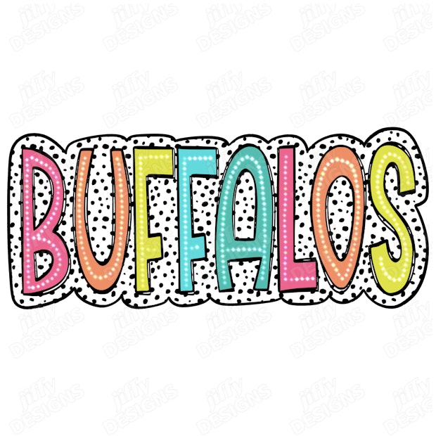 'Buffalos' Vibrant Lettering with Playful Polka Dot Accents | Jiffy Designs