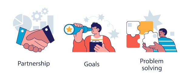 Diverse Illustrations Showcasing Partnership, Goal-Setting, and Problem ...