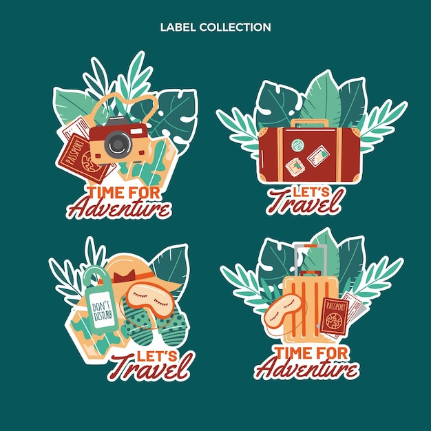 Vibrant Travel-Themed Label Collection with Whimsical Illustrations ...