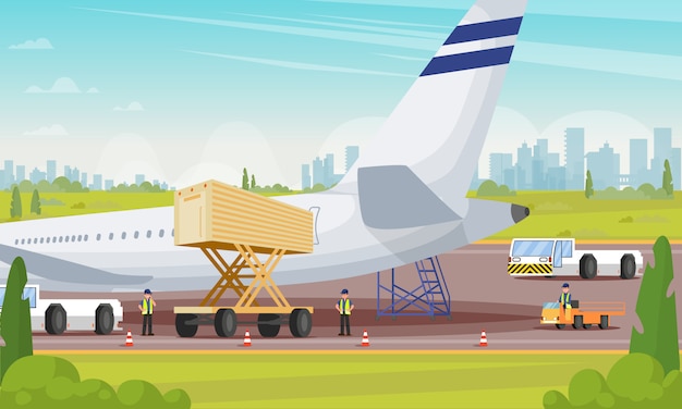 Bustling Airport Cargo Loading Scene with Airplane and Workers | Jiffy ...