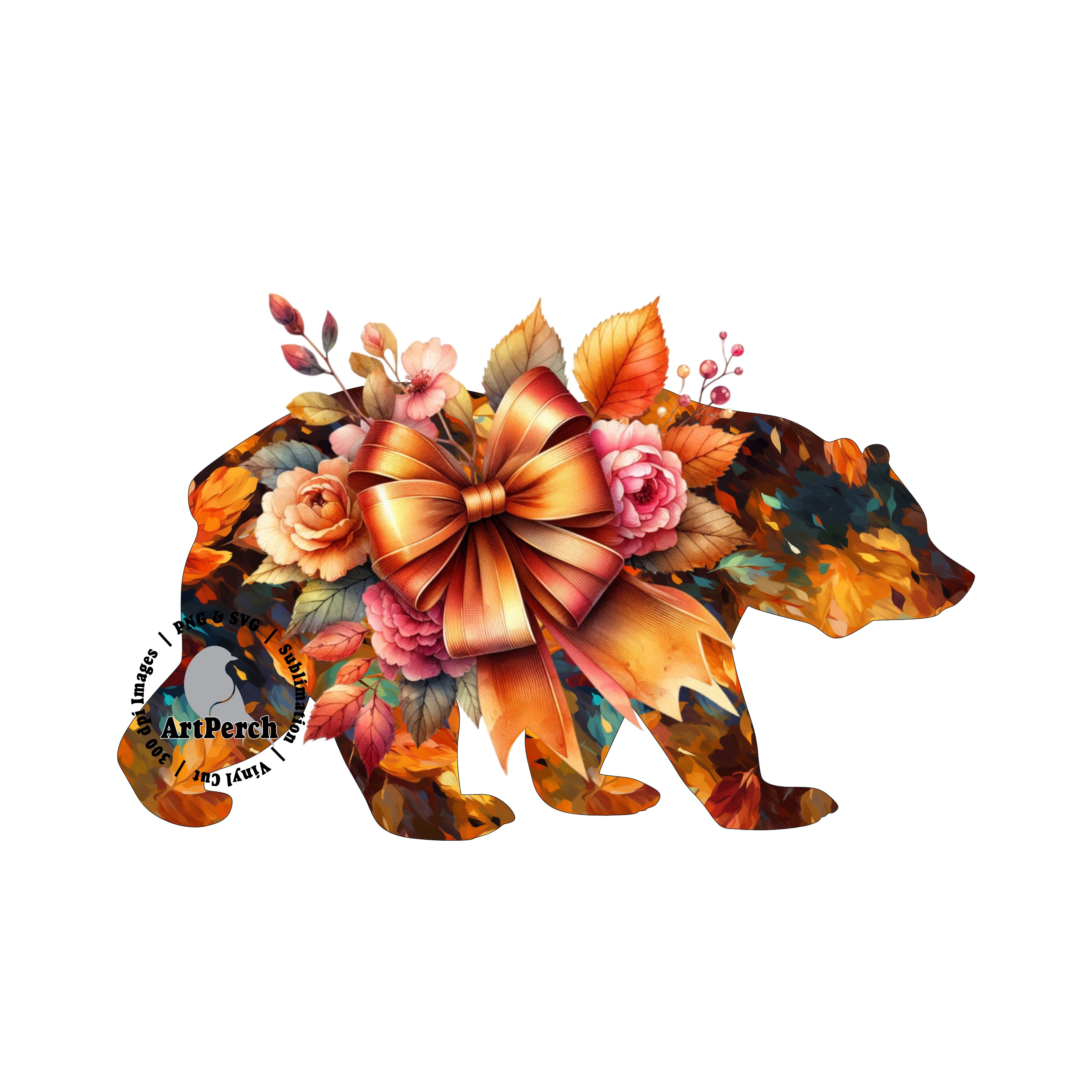 Fall Bear PNG, Floral Bear Shirt Design, Fall Bow PNG, Thanksgiving ...