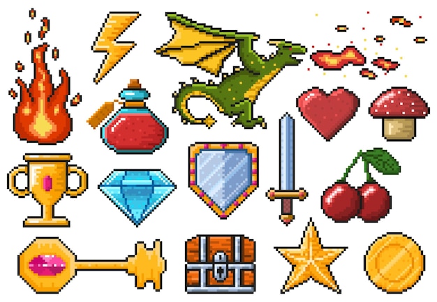 Vibrant Pixel Art Collection of Fantasy and Adventure Icons | Jiffy Designs
