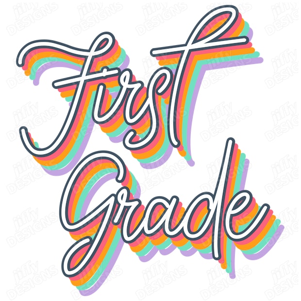 'First Grade' Vibrant Rainbow Lettering with Retro-Inspired Shadow ...
