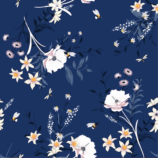 Elegant Floral Pattern on Deep Blue Background | Jiffy Designs