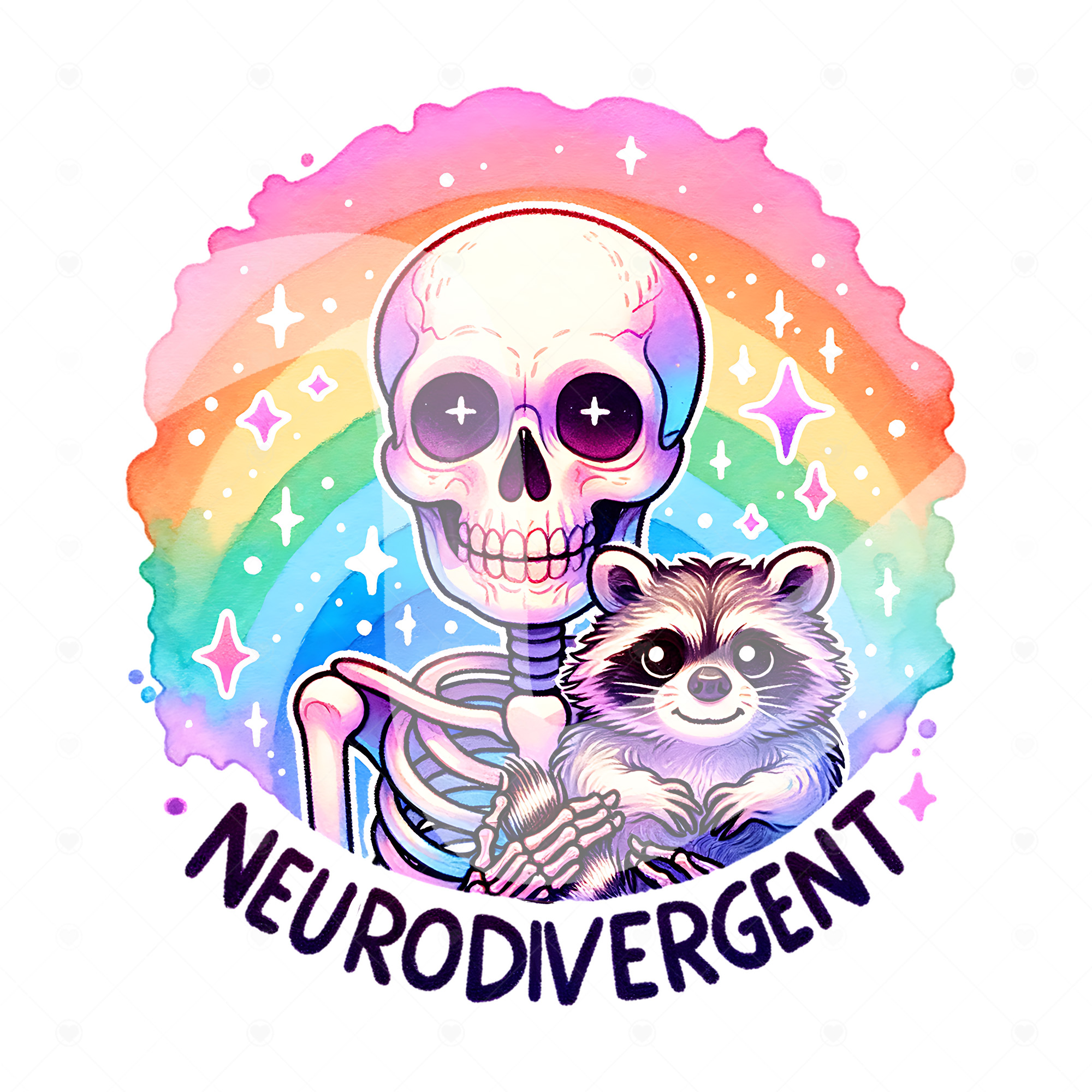 'Neurodivergent' Skeleton Embracing Raccoon in Vibrant Rainbow Sphere ...