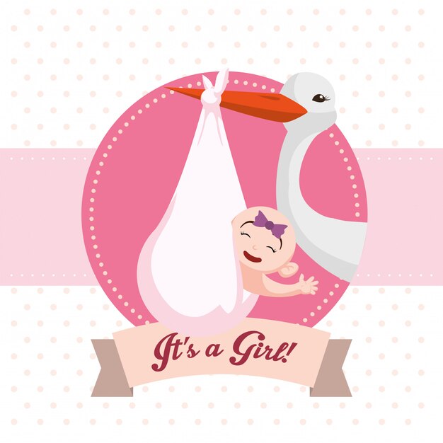 Stylized Pink Stork Delivering Baby Girl Illustration | Jiffy Designs