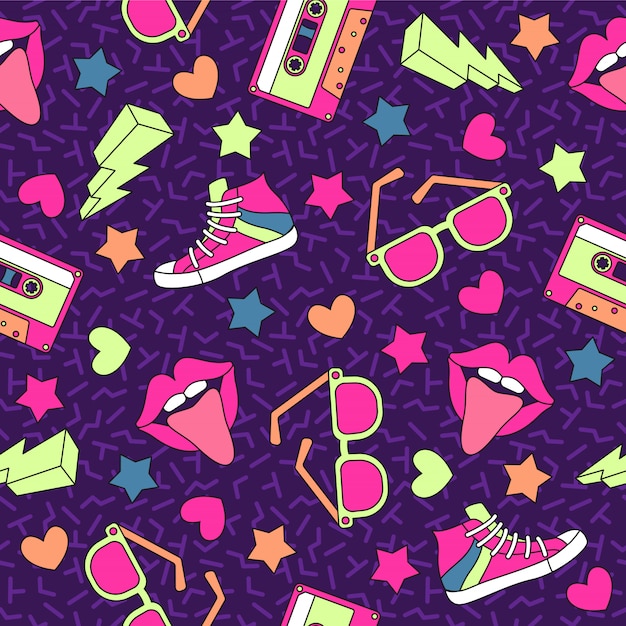 Vibrant 80s-Inspired Retro Pattern with Iconic Symbols | Jiffy Designs