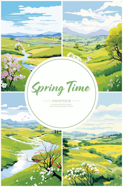 Vibrant Spring Landscapes Illustration Collection with Text Overlay ...