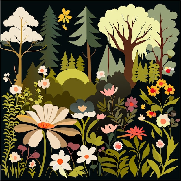 Whimsical Nature Scene with Stylized Plants and Woodland Creatures ...