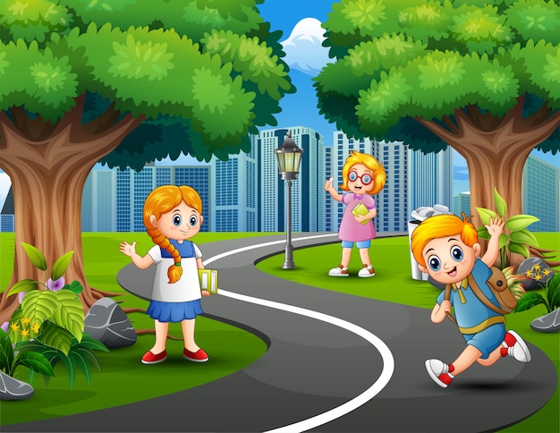 Children Playing in a Lush Park with City Skyline | Jiffy Designs