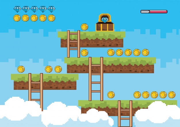 Whimsical Platformer Adventure with Floating Coins and Ladders | Jiffy ...