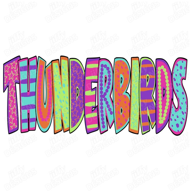'Thunderbirds' Vibrant Multicolored Lettering with Playful Patterns and ...
