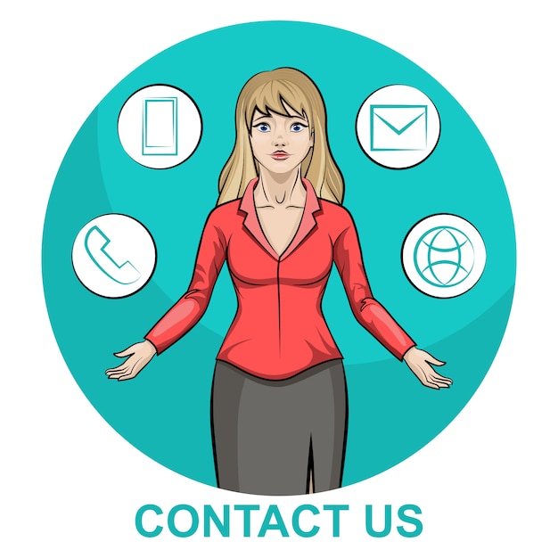 Friendly Customer Service Representative with Contact Icons Jiffy Designs
