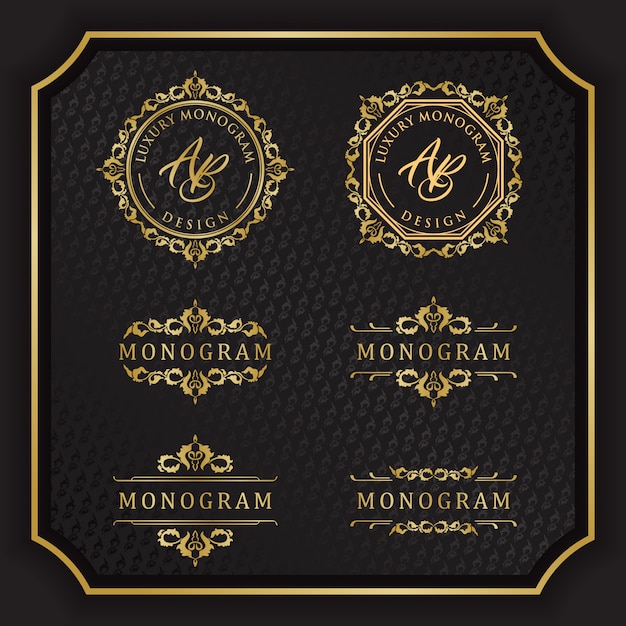 Elegant Golden Monogram Emblems with Ornate Flourishes on Black | Jiffy ...