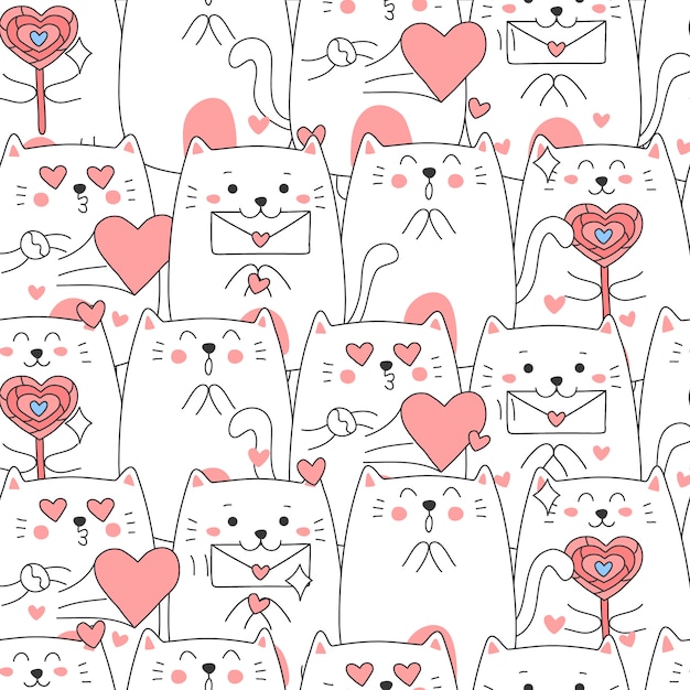 Playful Feline Hearts: A Charming Pattern of Whimsical Cats | Jiffy Designs
