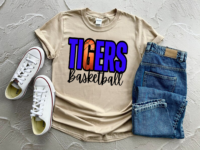 'Tigers Basketball' Bold Text with Basketball Integrated Design Jiffy