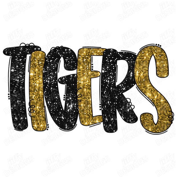 'Tigers' Glittering Text in Black and Gold with Sparkling Pixelated ...