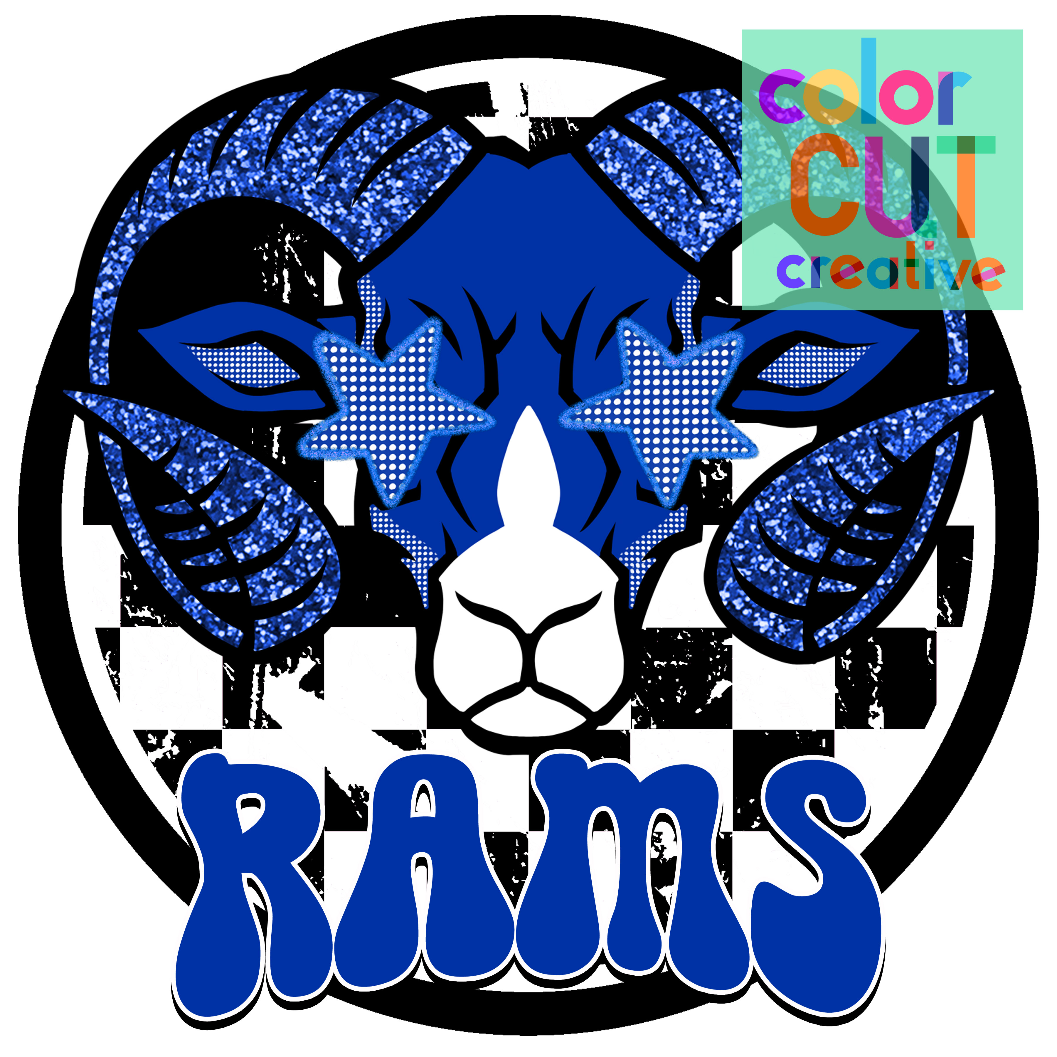 'Rams' Bold Blue Ram Head with Intricate Horns and Checkered Pattern ...