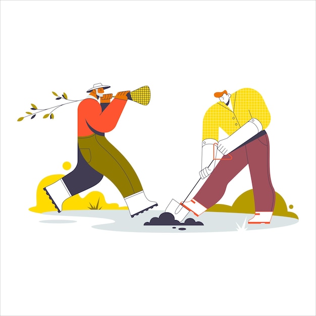 Playful Illustration of Two People Gardening and Raking Leaves | Jiffy ...