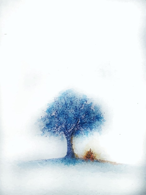 Serene Blue Tree in Misty Landscape Watercolor Painting | Jiffy Designs