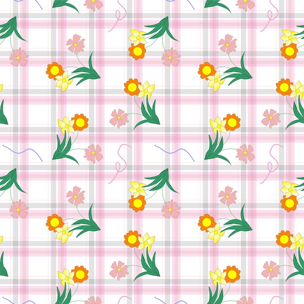 Vibrant Floral Pattern with Daffodils on Checkered Background | Jiffy ...